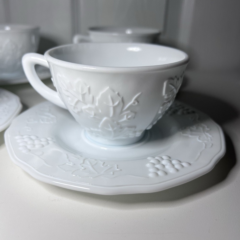 Indiana Milk Glass Harvest Grape Colony Coffee Tea Cups Saucers Set of 6